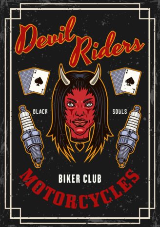 Biker club vector vintage colored poster with devil girl head an